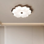 Contemporary Retro Solid Wood Flower PE Shade LED Flush Mount Ceiling Light For Bedroom