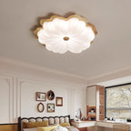 Contemporary Retro Solid Wood Flower PE Shade LED Flush Mount Ceiling Light For Bedroom