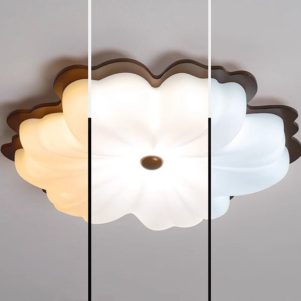 Contemporary Retro Solid Wood Flower PE Shade LED Flush Mount Ceiling Light For Bedroom