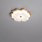 Contemporary Retro Solid Wood Flower PE Shade LED Flush Mount Ceiling Light For Bedroom