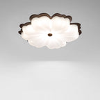 Contemporary Retro Solid Wood Flower PE Shade LED Flush Mount Ceiling Light For Bedroom