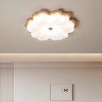 Contemporary Retro Solid Wood Flower PE Shade LED Flush Mount Ceiling Light For Bedroom