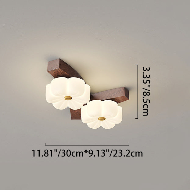 Traditional French Solid Wood Frame Flower PE LED Flush Mount Ceiling Light For Living Room