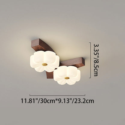 Traditional French Solid Wood Frame Flower PE LED Flush Mount Ceiling Light For Living Room