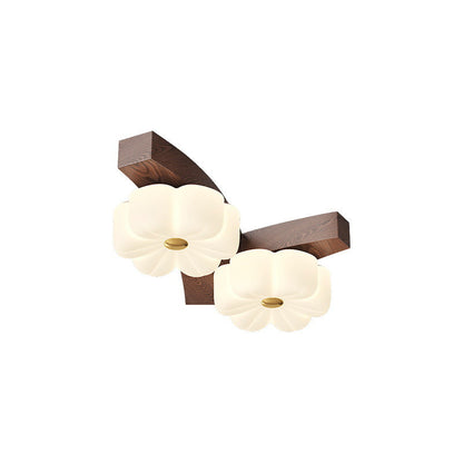 Traditional French Solid Wood Frame Flower PE LED Flush Mount Ceiling Light For Living Room