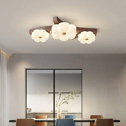 Traditional French Solid Wood Frame Flower PE LED Flush Mount Ceiling Light For Living Room