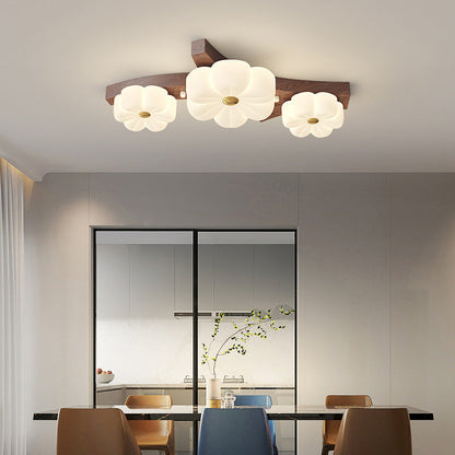 Traditional French Solid Wood Frame Flower PE LED Flush Mount Ceiling Light For Living Room