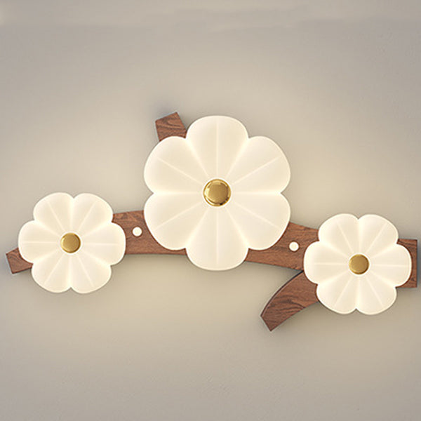Traditional French Solid Wood Frame Flower PE LED Flush Mount Ceiling Light For Living Room