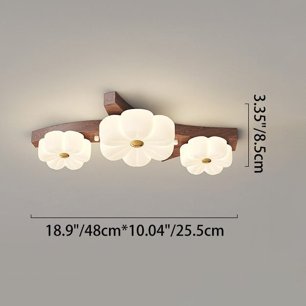 Traditional French Solid Wood Frame Flower PE LED Flush Mount Ceiling Light For Living Room