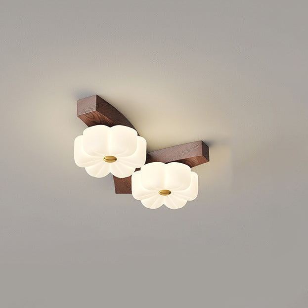 Traditional French Solid Wood Frame Flower PE LED Flush Mount Ceiling Light For Living Room