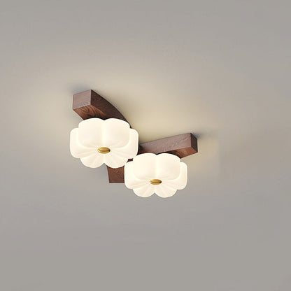 Traditional French Solid Wood Frame Flower PE LED Flush Mount Ceiling Light For Living Room