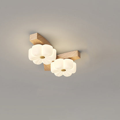 Traditional French Solid Wood Frame Flower PE LED Flush Mount Ceiling Light For Living Room