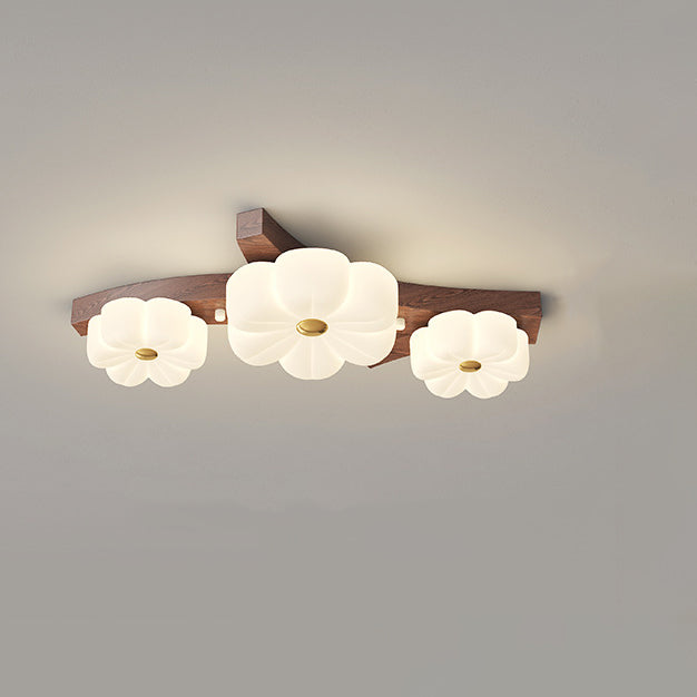 Traditional French Solid Wood Frame Flower PE LED Flush Mount Ceiling Light For Living Room