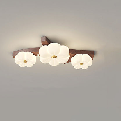 Traditional French Solid Wood Frame Flower PE LED Flush Mount Ceiling Light For Living Room
