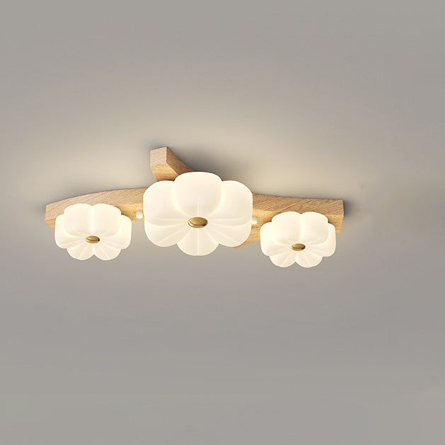Traditional French Solid Wood Frame Flower PE LED Flush Mount Ceiling Light For Living Room