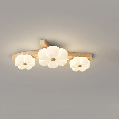Traditional French Solid Wood Frame Flower PE LED Flush Mount Ceiling Light For Living Room