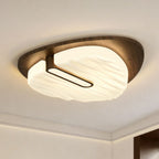 Contemporary Retro Iron Walnut Wood Grain PE Round Shade LED Flush Mount Ceiling Light For Bedroom