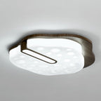 Contemporary Retro Iron Walnut Wood Grain PE Round Shade LED Flush Mount Ceiling Light For Bedroom