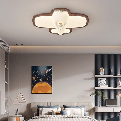 Contemporary Creative Cartoon Aircraft PE Shade Solid Wood LED Flush Mount Ceiling Light For Bedroom