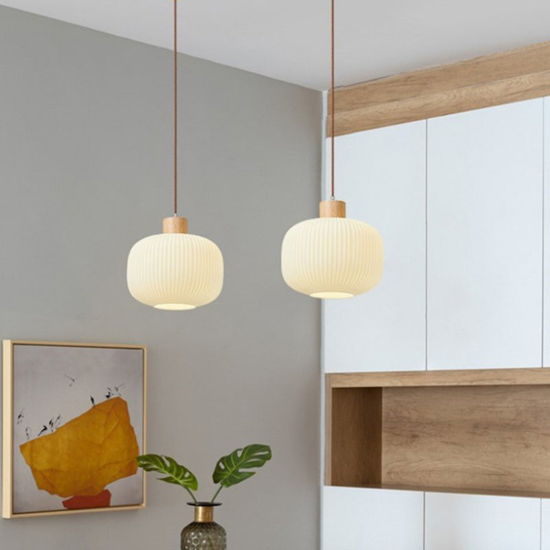 Traditional Japanese Cylinder Glass Solid Wood 1-Light Pendant Light For Living Room