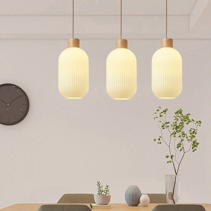 Traditional Japanese Cylinder Glass Solid Wood 1-Light Pendant Light For Living Room