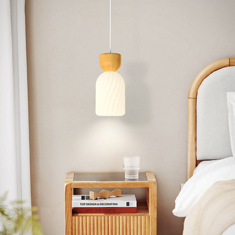 Traditional French Solid Wood Glass Geometry Cylinder 1-Light Pendant Light For Living Room