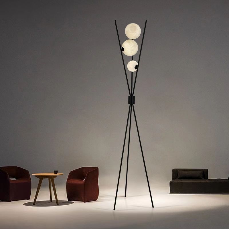 Contemporary Creative PLA 3D Moon Shade Iron Geometric Straight Line 3-Light Standing Floor Lamp For Living Room Lumendat