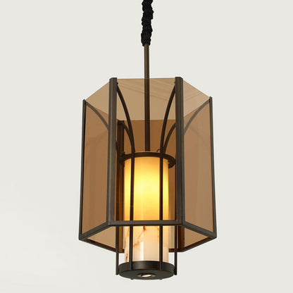 Traditional Vintage Imitation Marble Hexagon Glass Shade 1-Light Pendant Light For Living Room