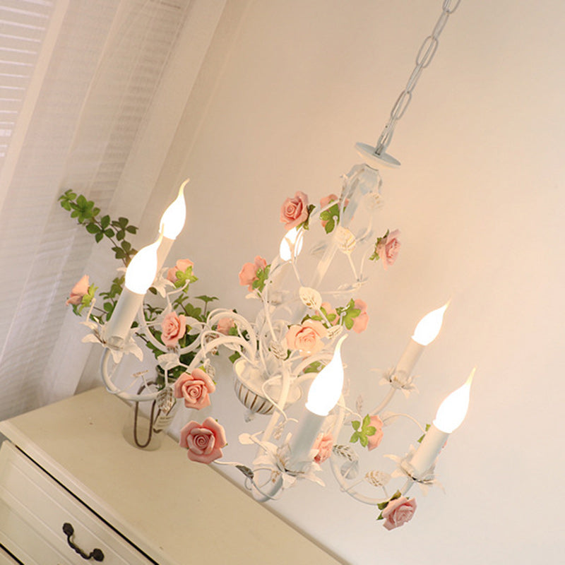 Traditional French Romantic Ceramic Flowers Plants Decor Iron Frame 3/6/8-light Chandelier for Living Room BulbSquare