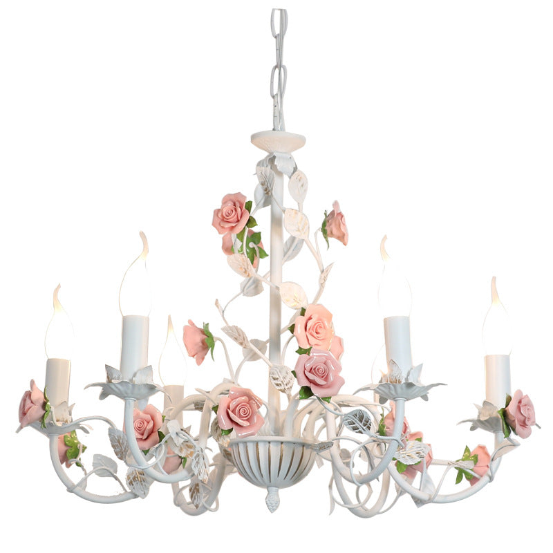 Traditional French Romantic Ceramic Flowers Plants Decor Iron Frame 3/6/8-light Chandelier for Living Room