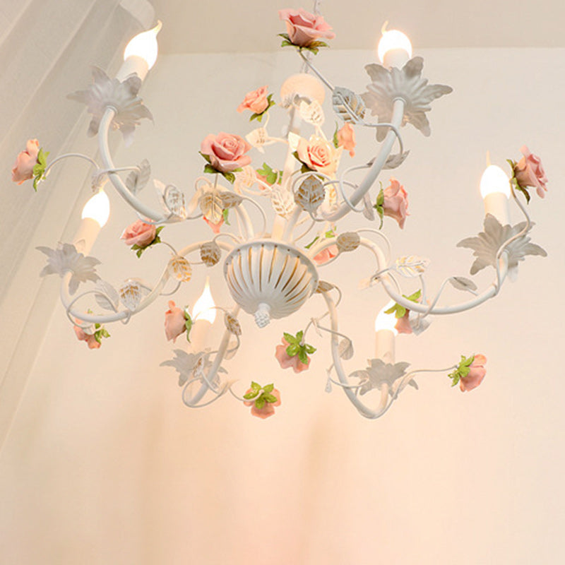 Traditional French Romantic Ceramic Flowers Plants Decor Iron Frame 3/6/8-light Chandelier for Living Room BulbSquare