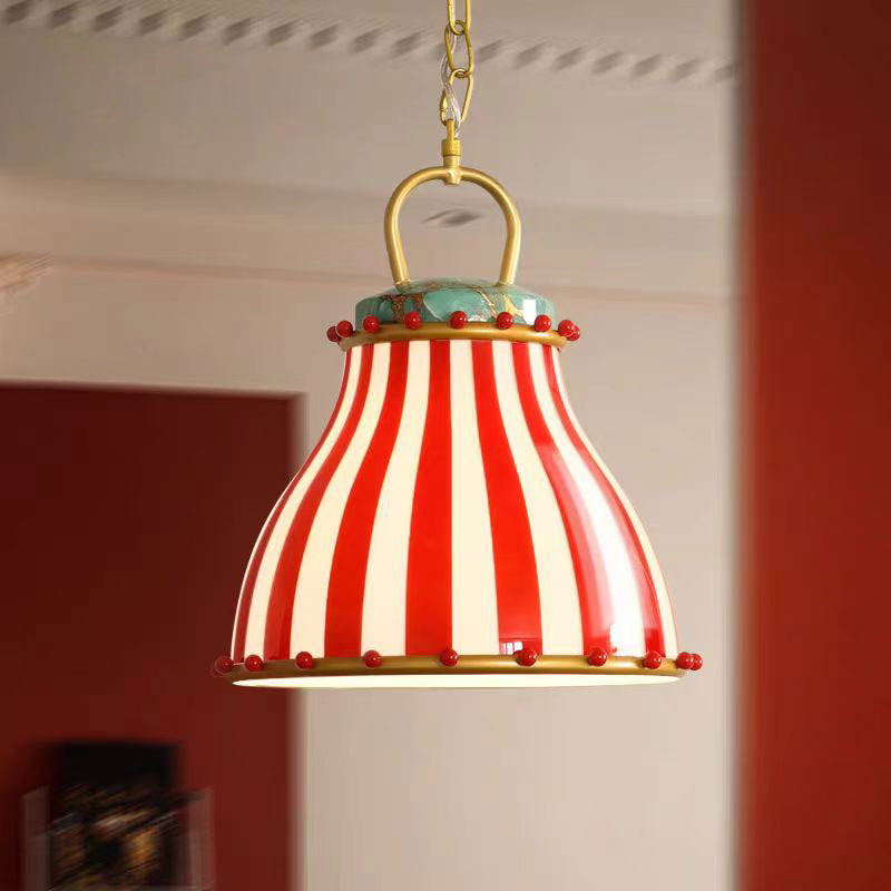 Contemporary Creative Circus Red & White Striped Glass Round Shade Iron 1-light Pendant Light for Living Room BulbSquare