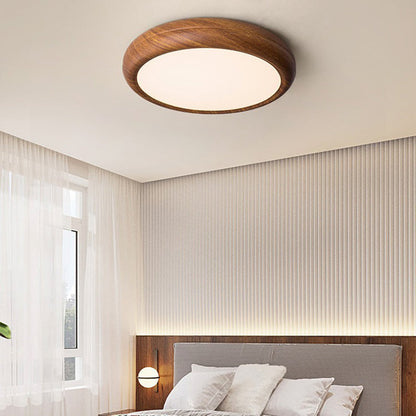 Traditional Japanese Iron Walnut Wood Grain Round Acrylic Shade LED Flush Mount Ceiling Light For Living Room