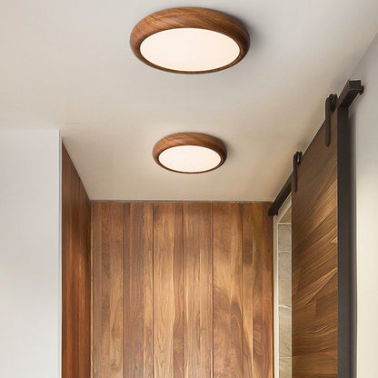 Traditional Japanese Iron Walnut Wood Grain Round Acrylic Shade LED Flush Mount Ceiling Light For Living Room