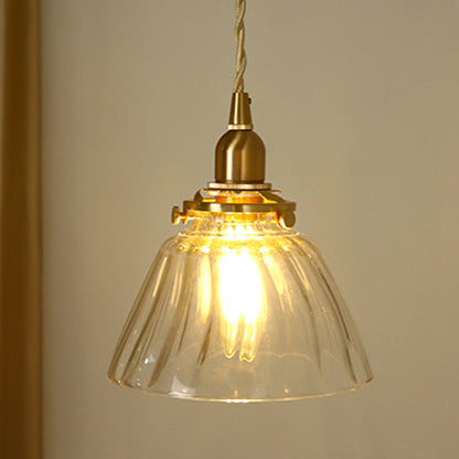 Traditional Japanese Full Copper Glass Conical Shade 1-Light Pendant Light For Living Room