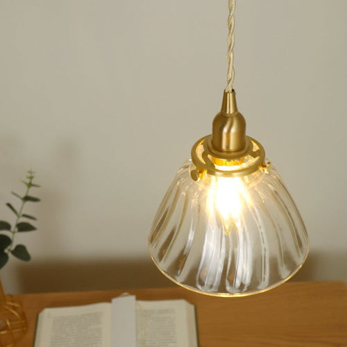 Traditional Japanese Full Copper Glass Conical Shade 1-Light Pendant Light For Living Room