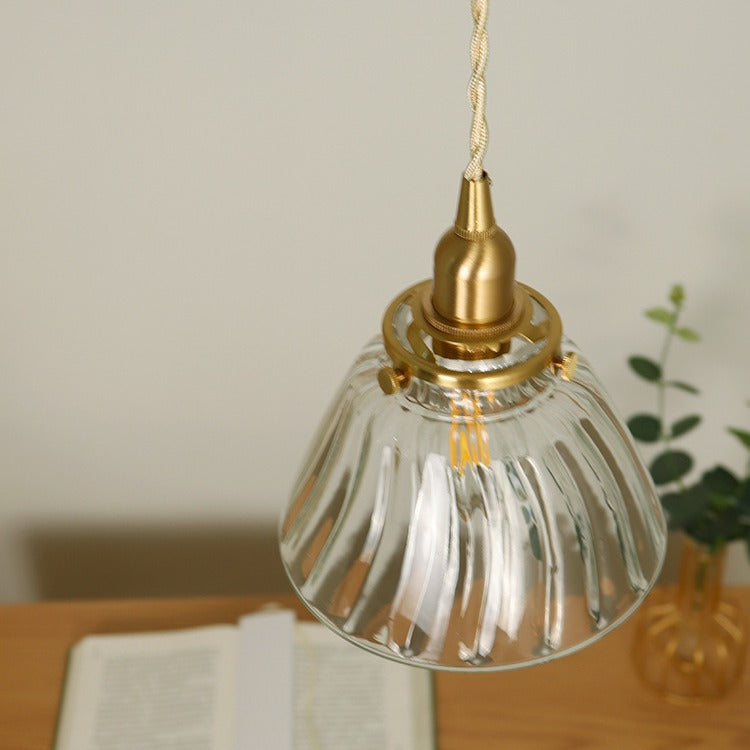Traditional Japanese Full Copper Glass Conical Shade 1-Light Pendant Light For Living Room