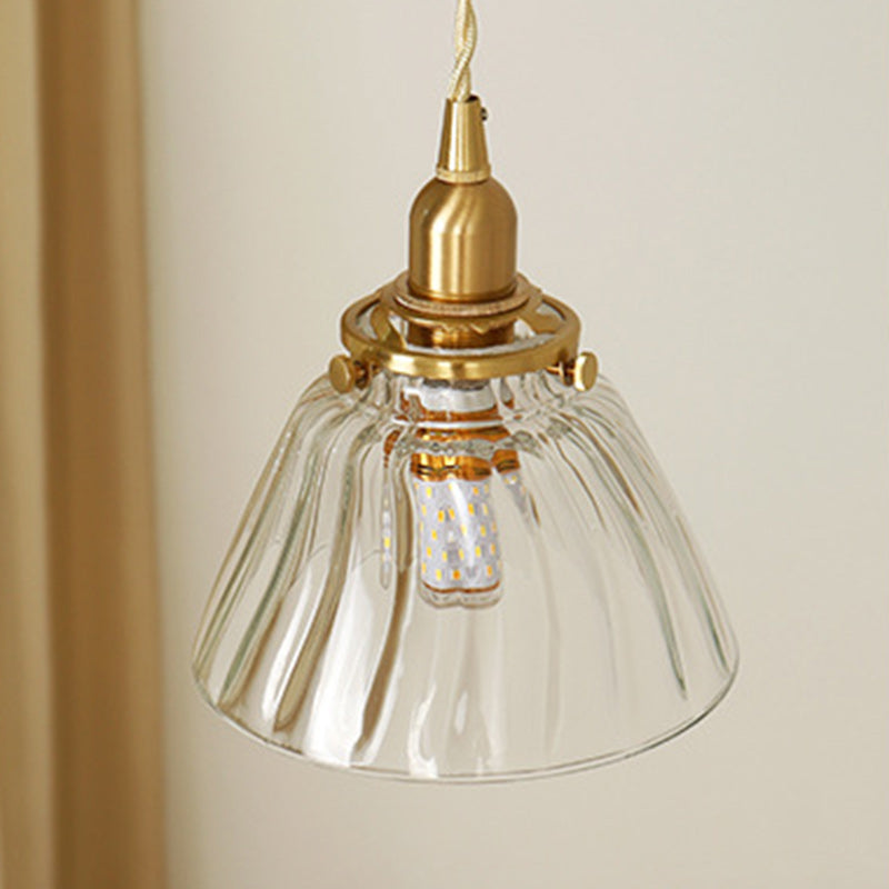 Traditional Japanese Full Copper Glass Conical Shade 1-Light Pendant Light For Living Room