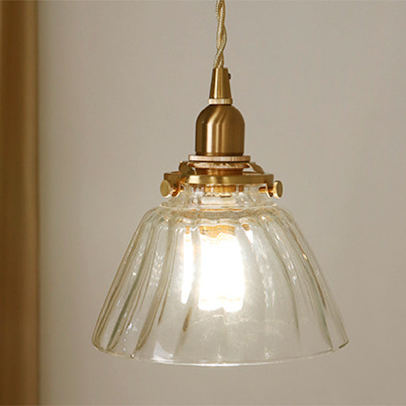 Traditional Japanese Full Copper Glass Conical Shade 1-Light Pendant Light For Living Room