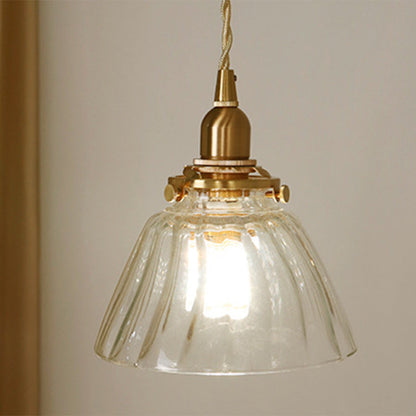 Traditional Japanese Full Copper Glass Conical Shade 1-Light Pendant Light For Living Room