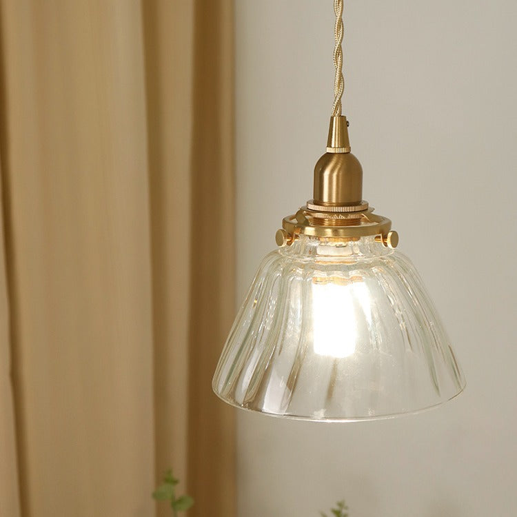 Traditional Japanese Full Copper Glass Conical Shade 1-Light Pendant Light For Living Room