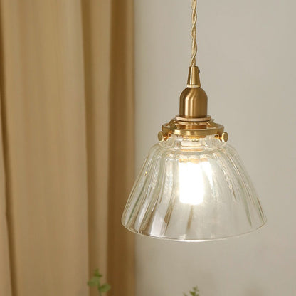 Traditional Japanese Full Copper Glass Conical Shade 1-Light Pendant Light For Living Room