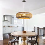 Traditional Farmhouse Rattan Weaving Round Cage Iron 3-light Pendant Light for Living Room