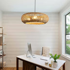 Traditional Farmhouse Rattan Weaving Round Cage Iron 3-light Pendant Light for Living Room