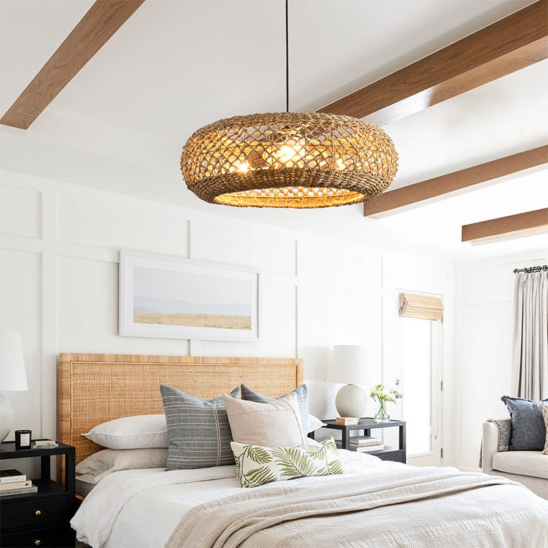 Traditional Farmhouse Rattan Weaving Round Cage Iron 3-light Pendant Light for Living Room