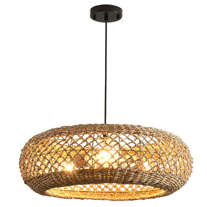 Traditional Farmhouse Rattan Weaving Round Cage Iron 3-light Pendant Light for Living Room