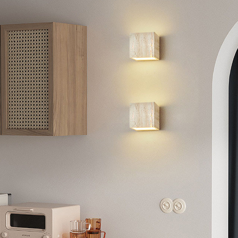 Traditional Japanese Beige Travertine Cube LED Wall Sconce Lamp For Bedroom