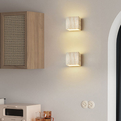 Traditional Japanese Beige Travertine Cube LED Wall Sconce Lamp For Bedroom