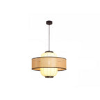 Traditional Japanese Rattan Woven Ring Fabric Cylinder Shade 1-Light Pendant Light For Living Room