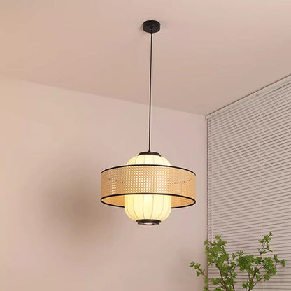 Traditional Japanese Rattan Woven Ring Fabric Cylinder Shade 1-Light Pendant Light For Living Room